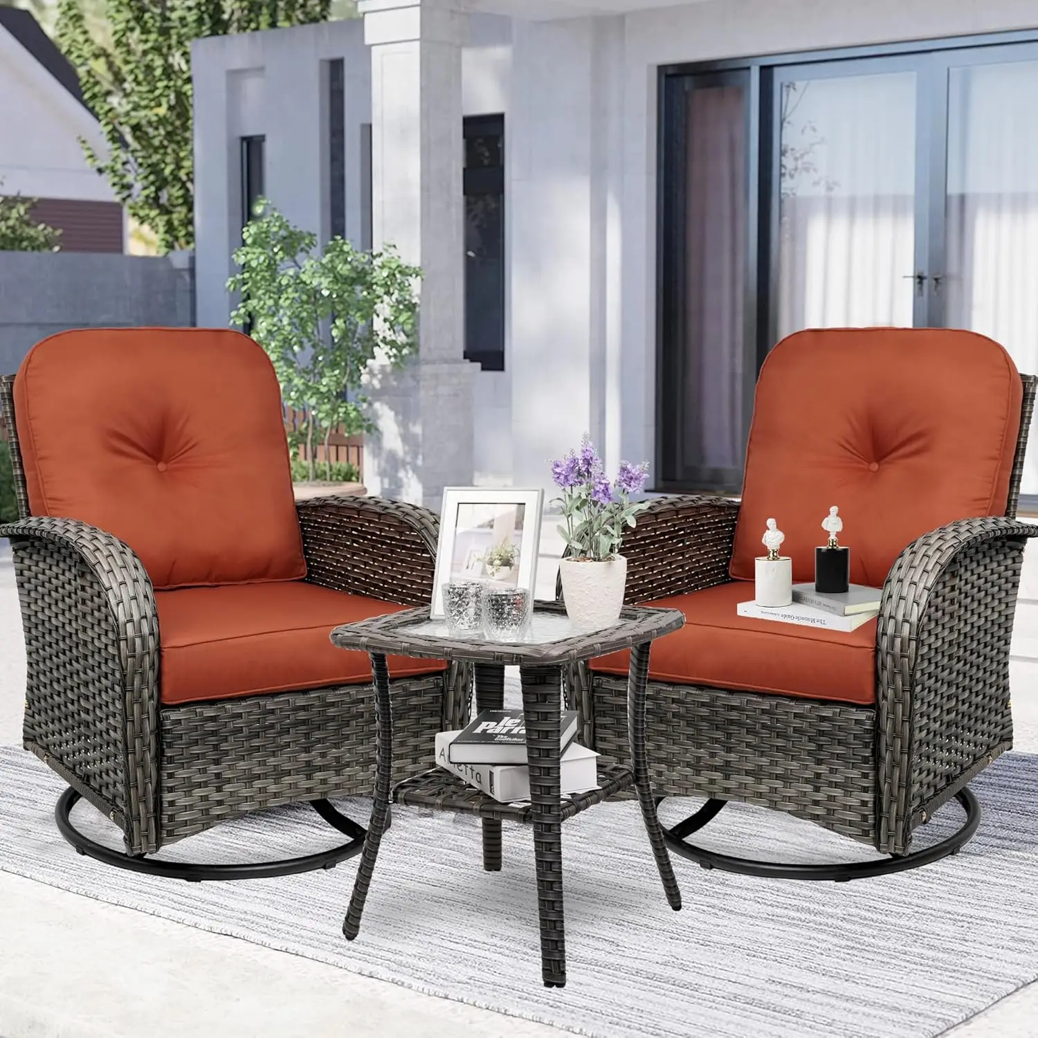 

3-Piece Swivel Rocker Wicker Chair Set of 2 ，360-Degree Rocking Chairs Outdoor with Cushions，Glass Table for Garden,Backyard