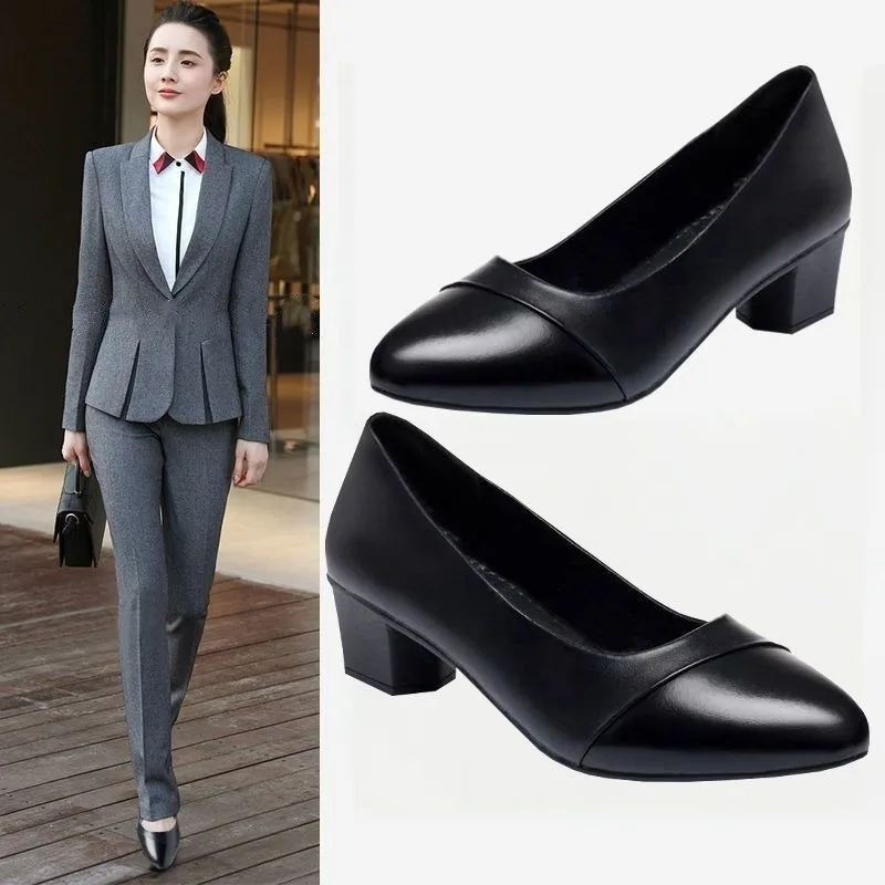 

Business Women Low Heels Formal Lady Pumps PU Leather Square Heeles Low Heel Soft Bottom Female Loafers Hollowed Sandals Zapatos