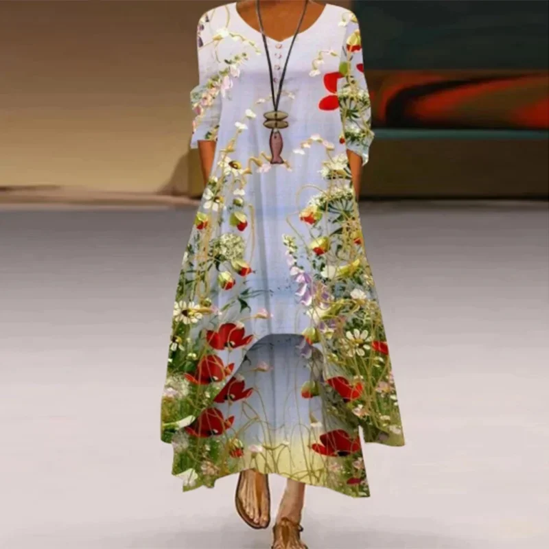 Vintage 3Dดอกไม้พิมพ์ชุดผู้หญิงแฟชั่น 2025 ฤดูใบไม้ผลิO-คอยาวแขนยาวหลวมชุดลําลองLady Maxi Dresses Vestido