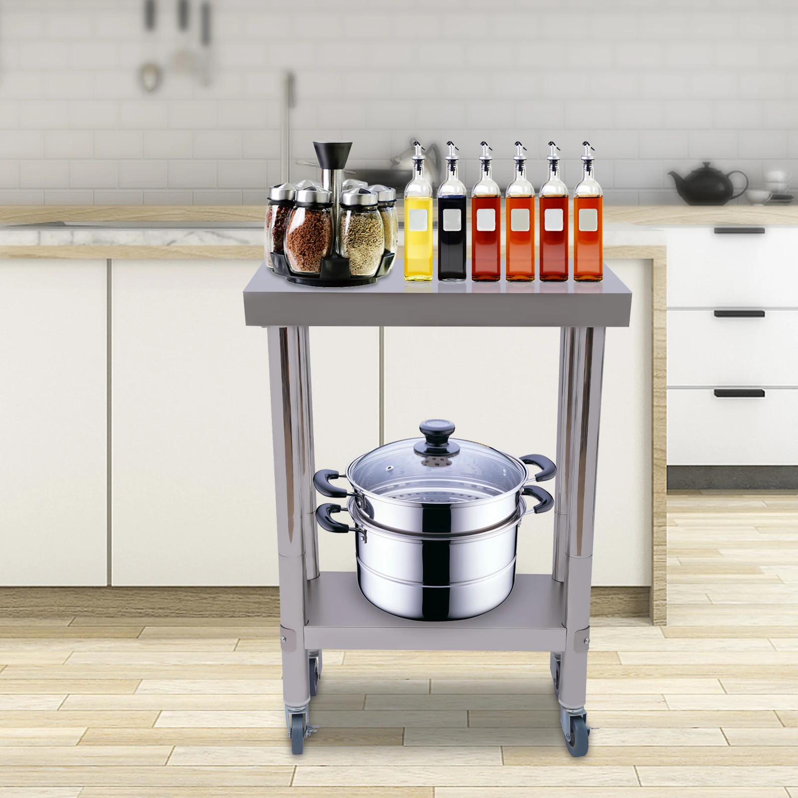 

Stainless Steel Kitchen Worktop Cart, 2-Tier Rolling Utility Table, 300lb Load Bearing for Storage, Commercial Home Prep