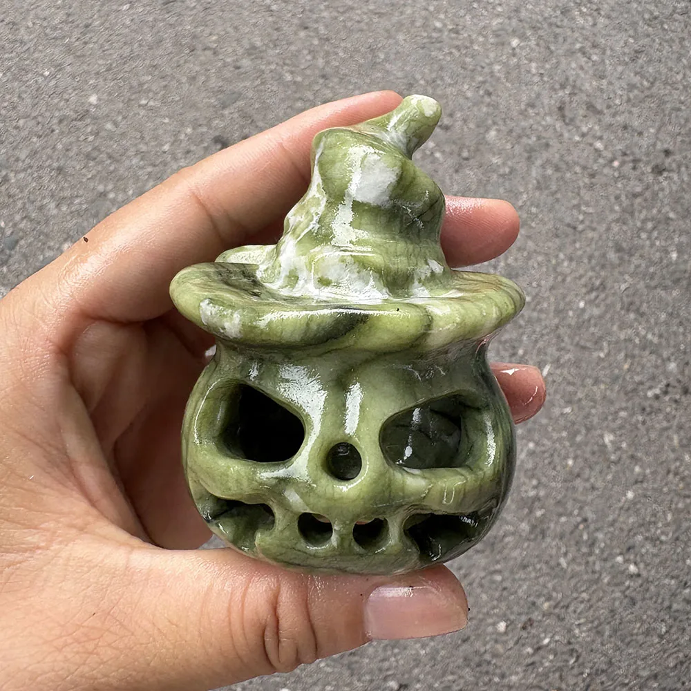 Custom 8cm Xiuyan Jade Pumpkin Crystal Carving - Handcrafted Healing Gemstone Witch Hat Figurine for Home Decor