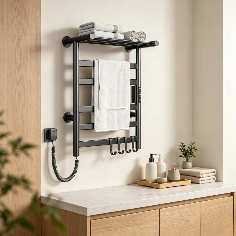 Wall Mounted Smart Towel Heater Rack,Electric Drying Warmer with Sterilization for Bathroom,Carbon Fiber Storage Rail with Timer