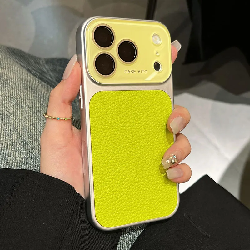 Luxury Large Window PU Textured Leather Phone Case For iPhone 17 16 15 14 13 Pro Max Glass Lens Protective Shockproof Back Cover