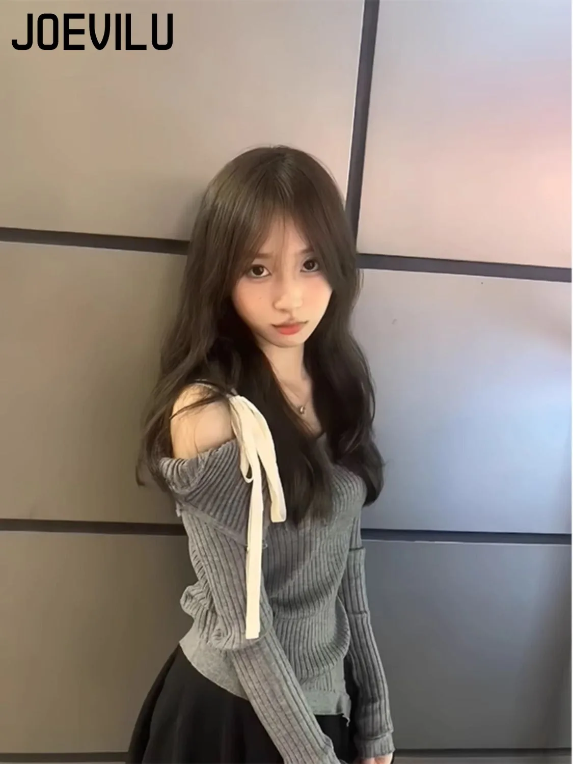 Off Shoulder Strap Pullover Sweater Long Sleeved Knitted Tops Female Slim Fit Lining Babes Korean Fashion Jumper Y2k Clothes
