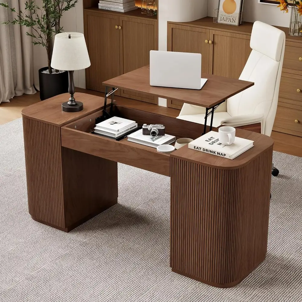 

Стол-трансформер из массива ореха с подсветкой столешницы и вместительным хранением для домашнего офиса и кабинета