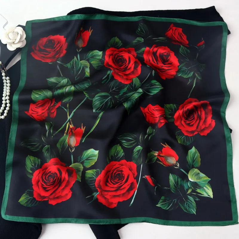 Birdtree 55*55cm 100%Real Silk Red Rose Scarf Mom\'s Gift Elegant Head Scarves Handkerchief Square Scarf 2024 Spring New A3D839QC