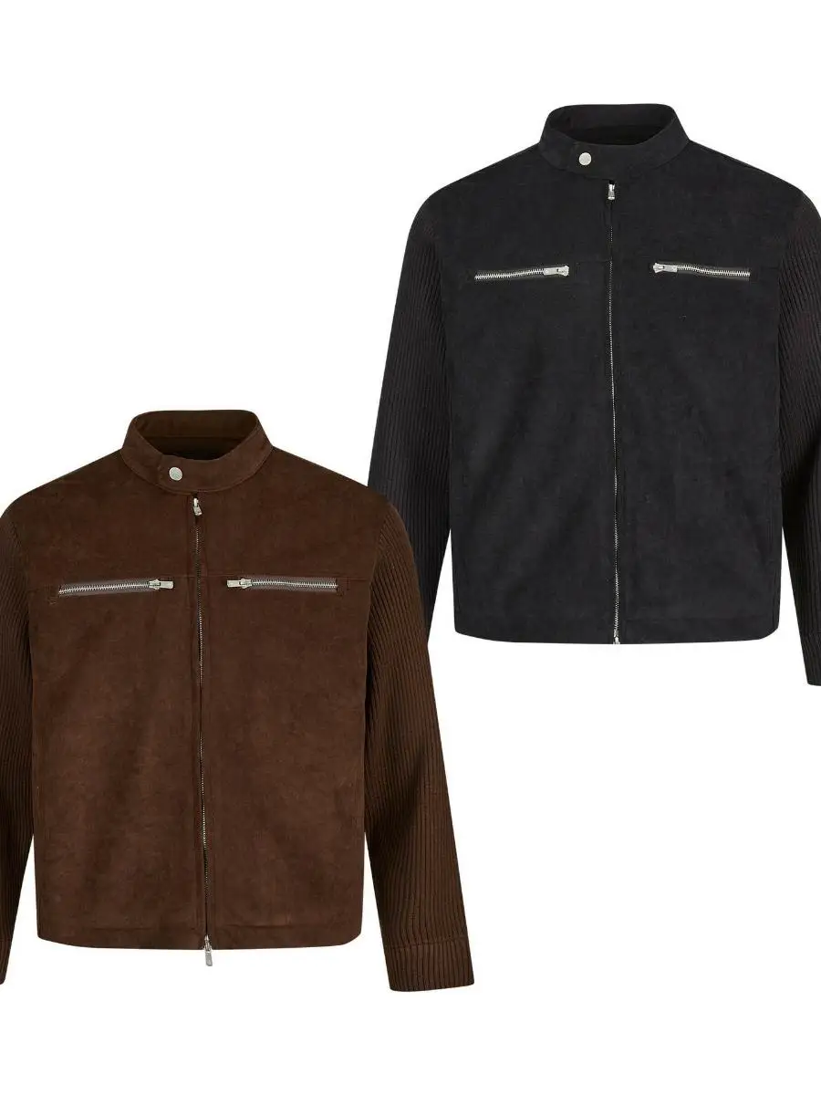 

American Retro Knitted Sve Leather Velvet Patchwork Motorcycle Cotton Jaet Wide ort Casual Loose Fit Zipper Closure