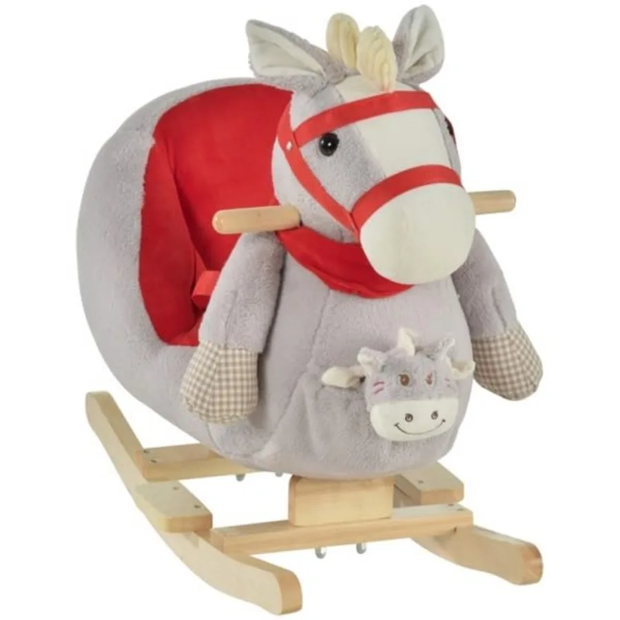 

Baby Rocking Horse Style Wooden Horse in Natural Finish with Soft Red Cushion for Toddlers Indoor Play and Decoration
