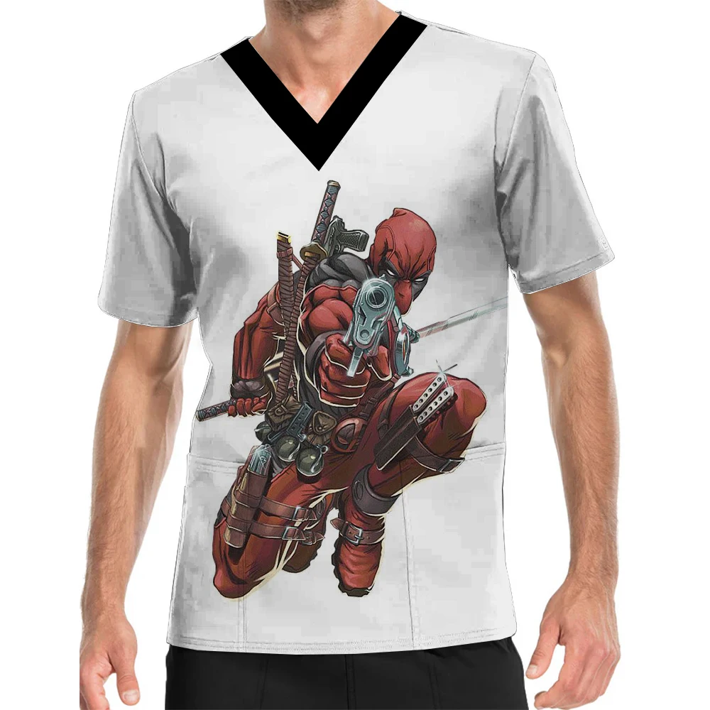 V-Neck Print Scrub Top Surgical Gown Men's Deadpool Pattern Printed Medical Uniform Doctor Nurse Surgical Gown Top