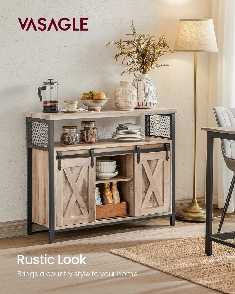 VASAGLE Buffet Cabinet, Storage Cabinet, Sideboard with 2 Sliding Barn Doors, Adjustable Shelves, 13 X 39.4 X 31.5 Inches