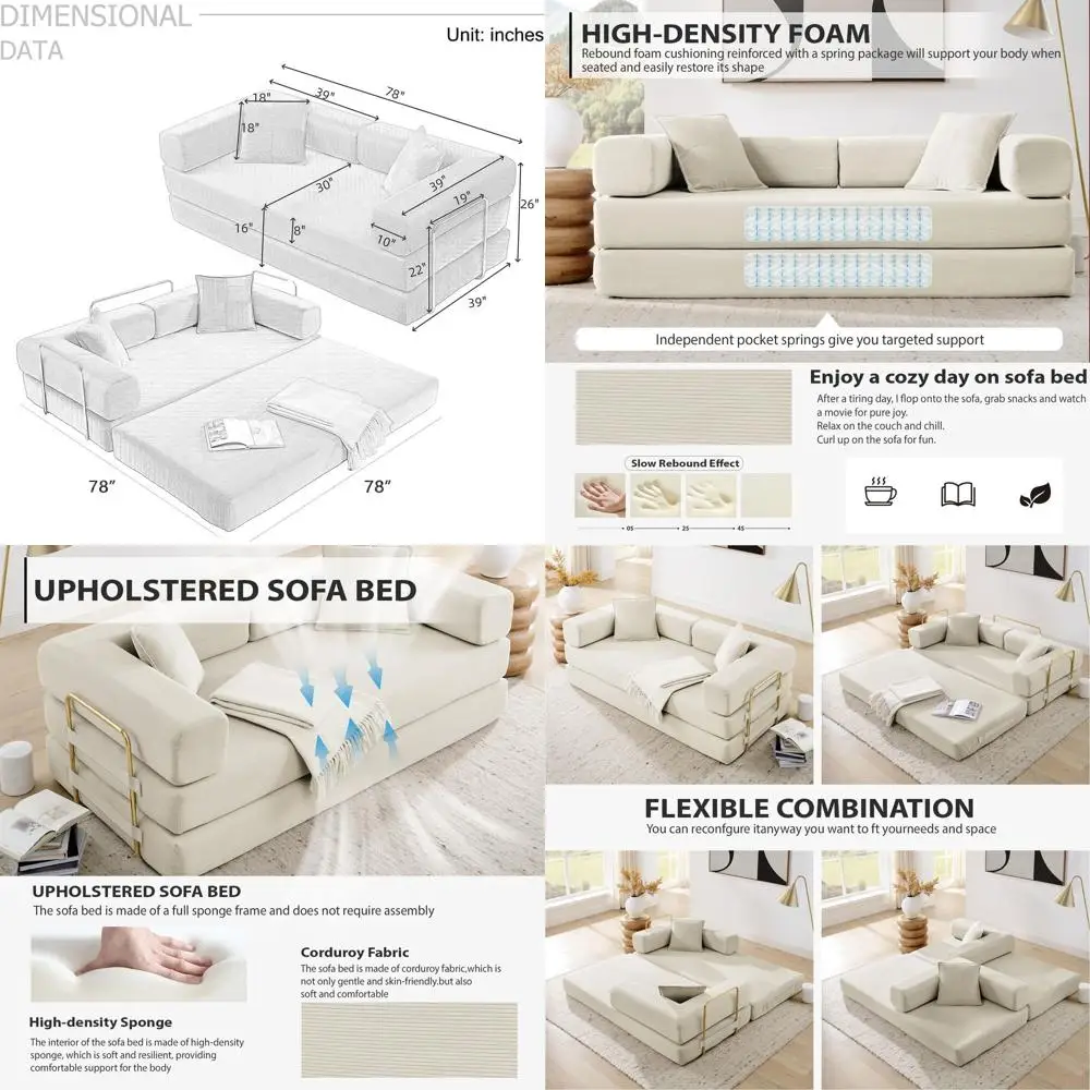 

Многофункциональный раскладной диван-кровать 4-в-1, 78-дюймовый диван BonelCouch с фиксированной формой, вельветовый диван-кровать с выдвижным спальным местом, напольный диван-кровать.