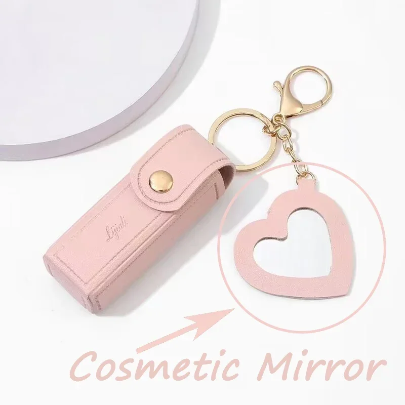 Makeup Pouch Lip Balm Bag Portable Leather Lipstick Bag Keychain Holder Lipsticks Protective Cover With Mirror Women Key Chain