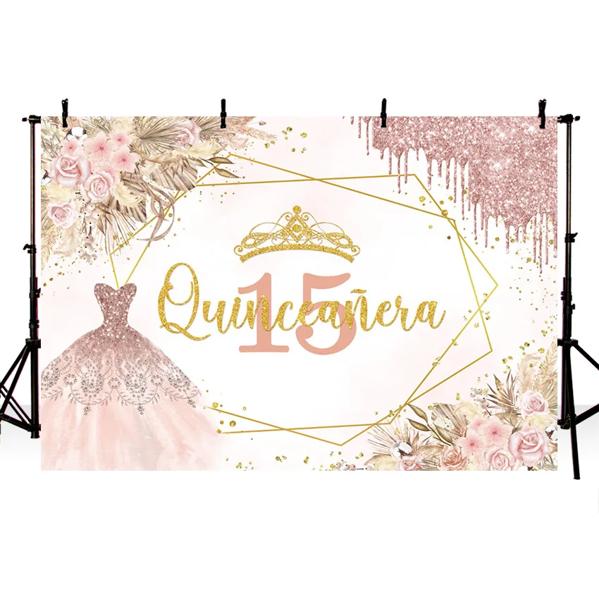 Mehofond Quinceanera Sweet 15เจ้าหญิง15th วันเกิดการถ่ายภาพฉากหลังสาว Glitter มงกุฎ Boho ดอกไม้ตกแต่งพื้นหลัง