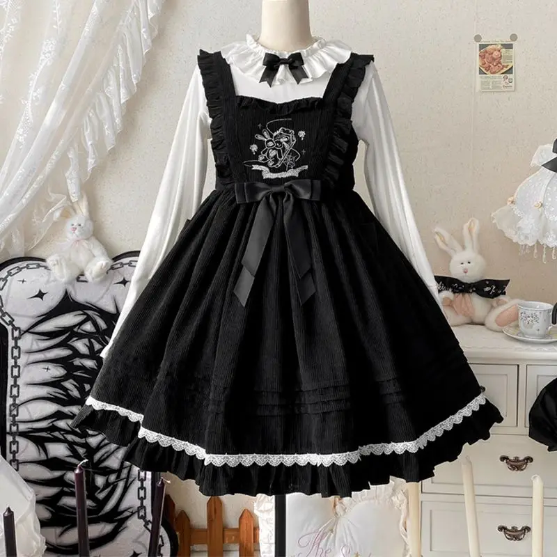 

MAGOGO Autumn Winter Cute Rabbit Lolita JSK Dress Women Harajuku Sleeveless Sweet Bow Ruffles Party Princess Kawaii Strap Dress