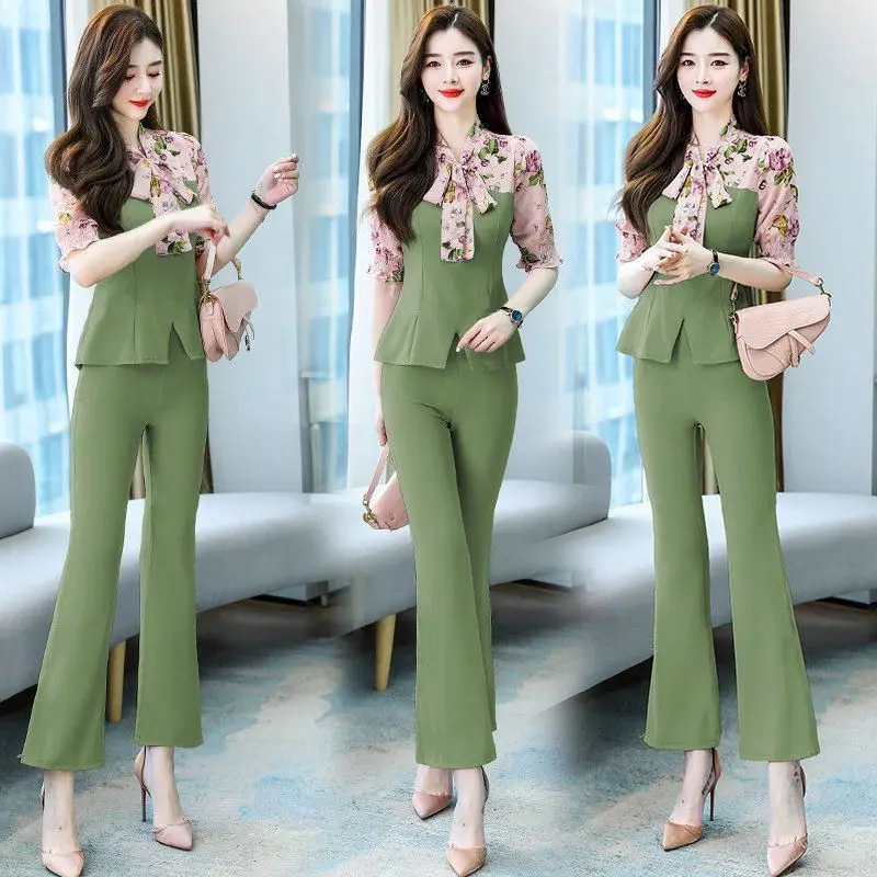 세련된 여성용 투피스 세트 여름 가을 플러스 사이즈 슬리밍 벨보텀 팬츠 여신 스타일 앙상블