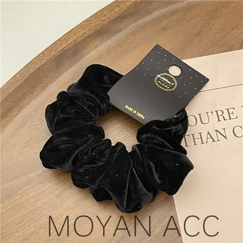 Korean velvet pig colon scrunchie Black leather band wine red velvet hair accessories Cream autumn and winter ruffled headdress