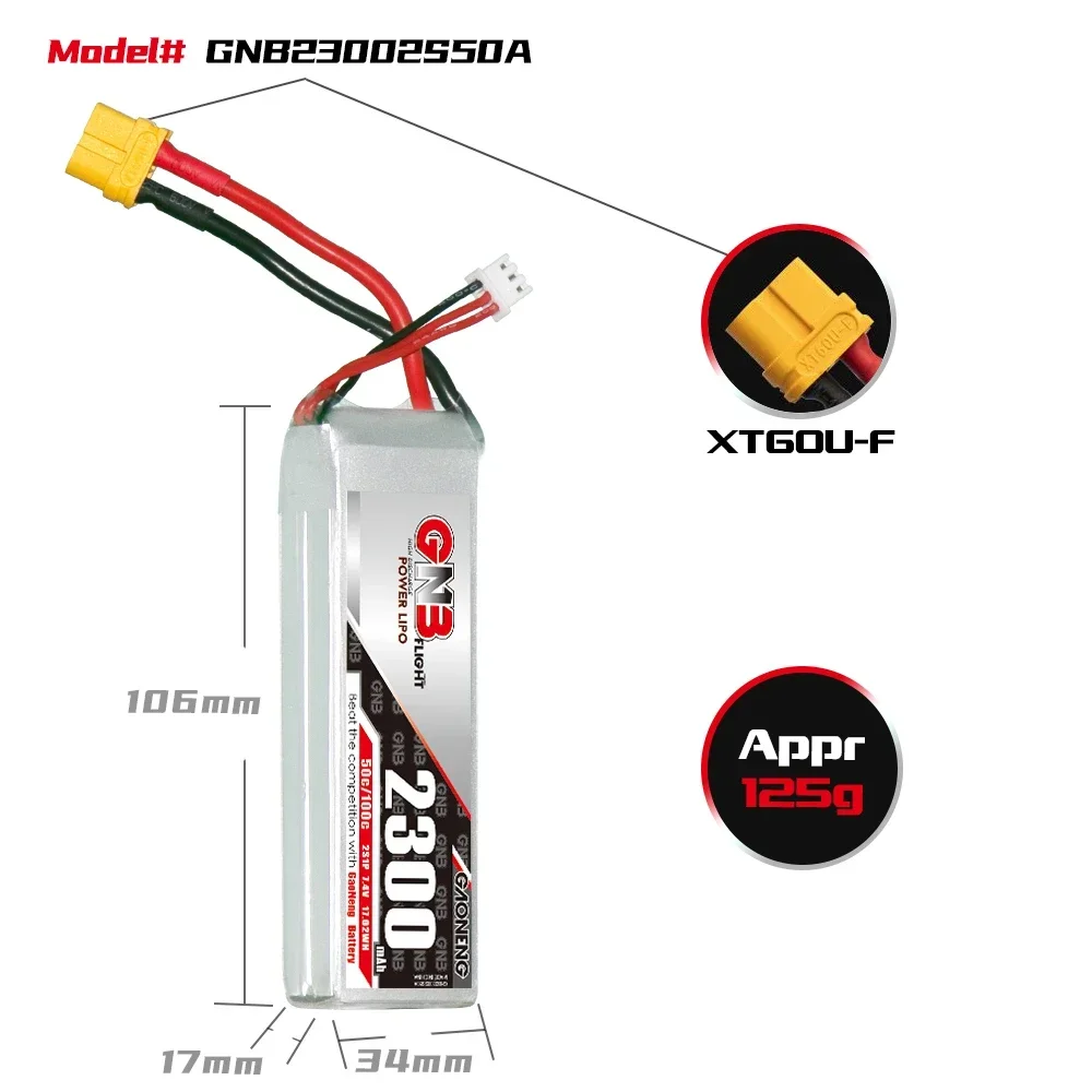 GAONENG 2300mAh 50C 2S/3S/4S/6S 7.4V/11.1V/14.8V/22.2V akumulator LiPo ze złączem XT60/T do części dronów wyścigowych FPV RC