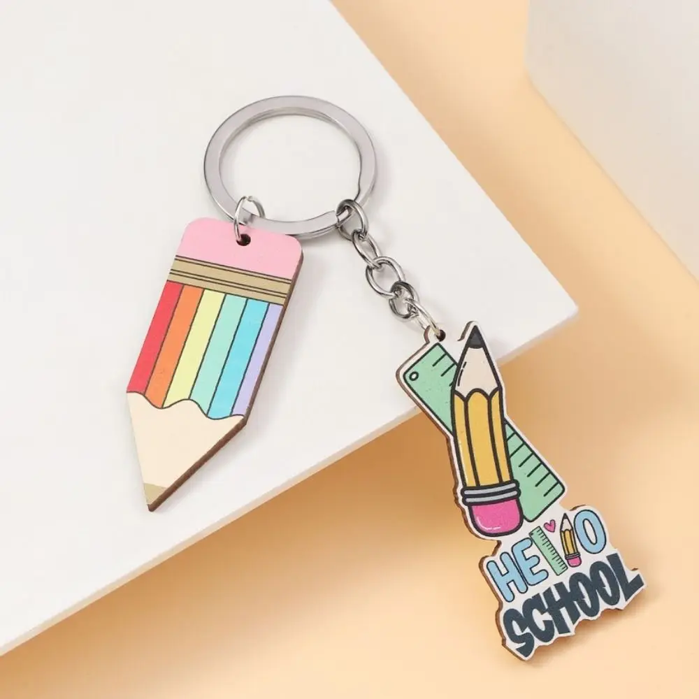 Wooden Teacher's Day Keychain Pencil English Letter Text Keychain Pendant Charm Rainbow Pen Holder Key Ring Teacher's Day Gift