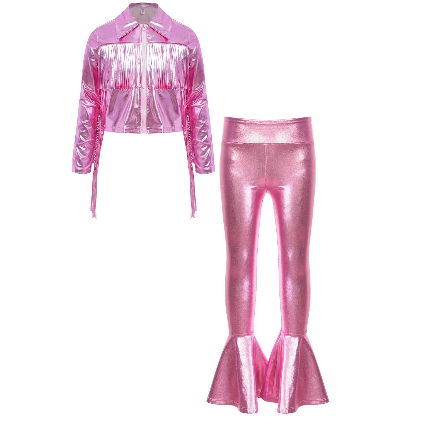 

Kids Girls Hip Hop Disco Dance Outfit Turn-Down Collar Long Sleeve Zipper Tassels Metallic Jacket +Pants for Stage Performance