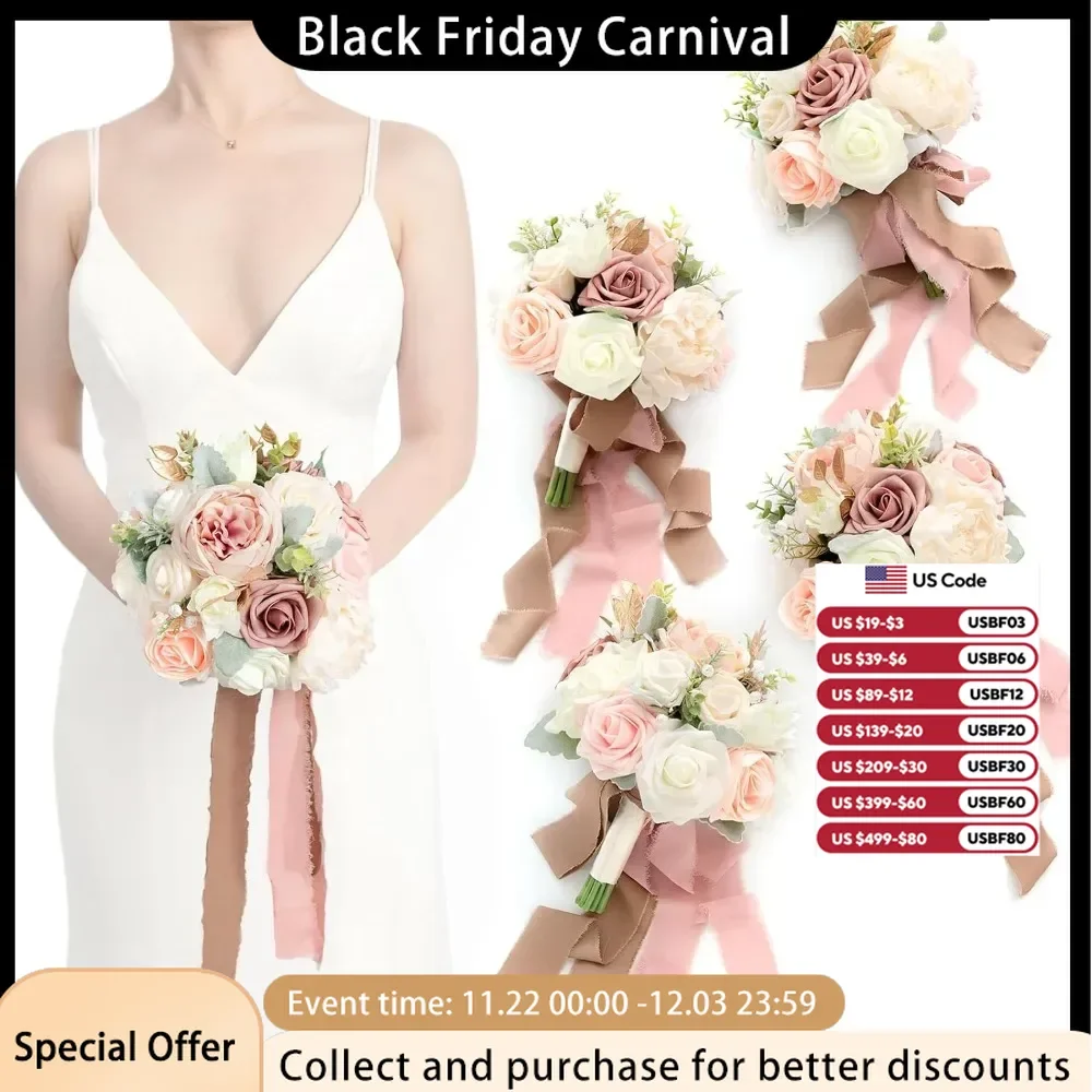 A Set of Four Artificial Pollen Colored Bridesmaid Bouquets, A 7-inch Rose Colored Wedding Bouquet Prepared for Bridesmaids