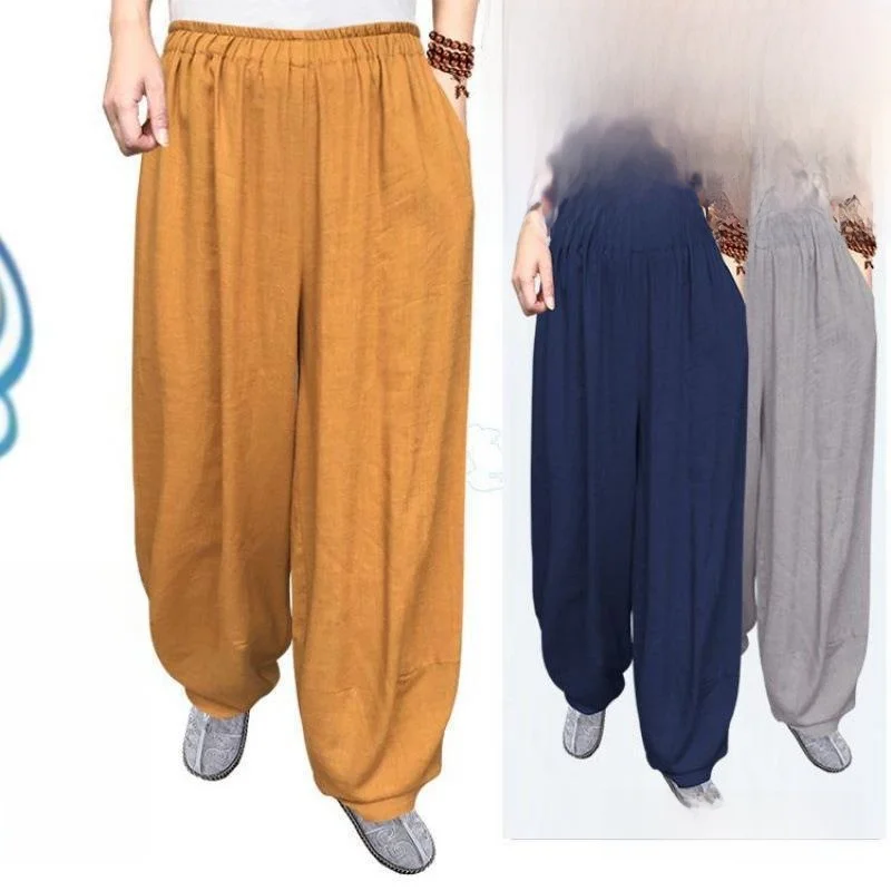 

New Men's Cotton Linen Summer Loose Fit Casual Pants Thin Straight Leg High Waist Polyester Fiber Neutral Sle for Meditation