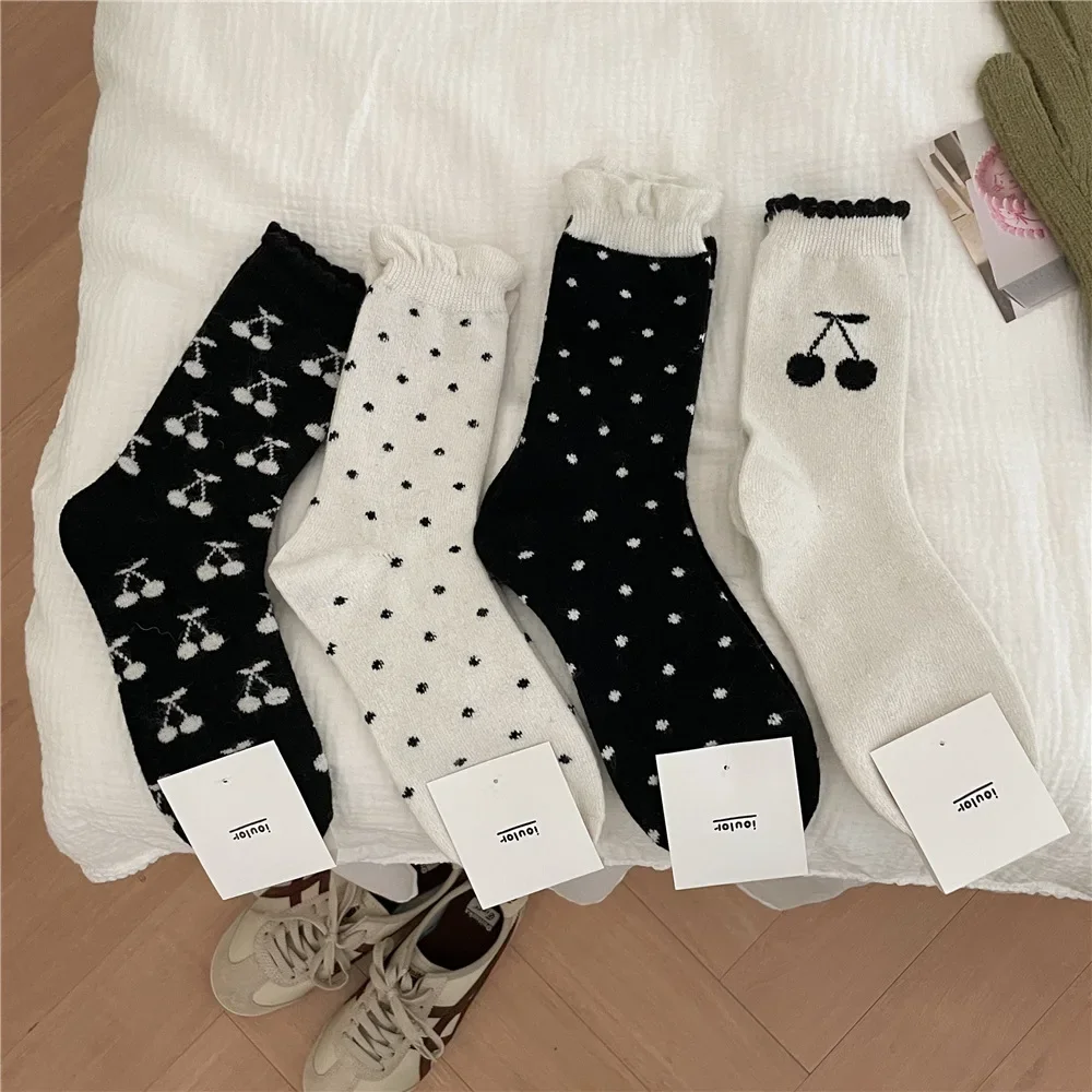 

Cashmere Wool Women Socks Cherry Print Sweet Girls Cute Thermal Long Socks Women Autumn Winter Thick Warm Polka Dot Kawaii Socks