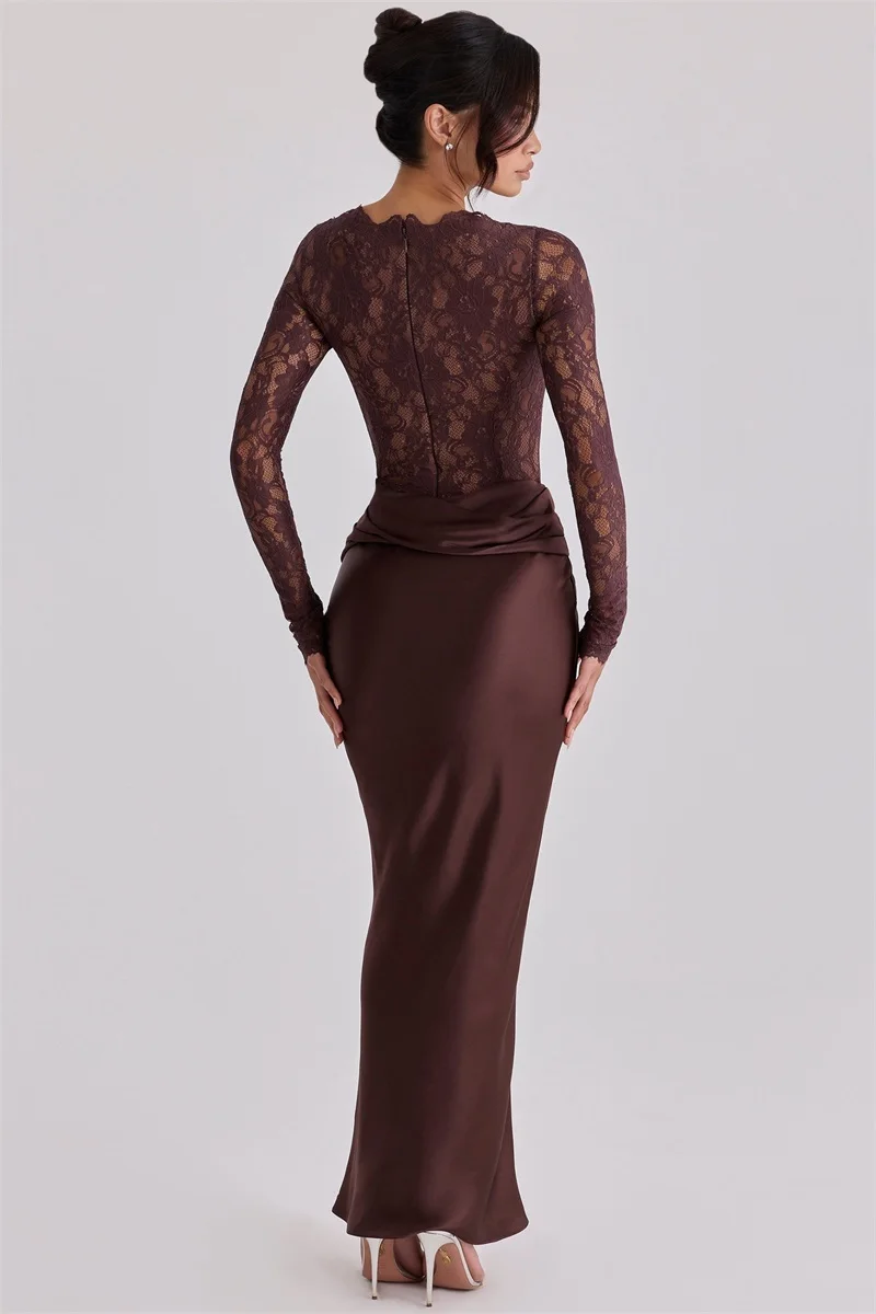 Brown Lace Satin Prom Dress Full Sleeves Slim Fit Mermaid Long Party Gown Formal Wedding Guest Birthday Evening Robe