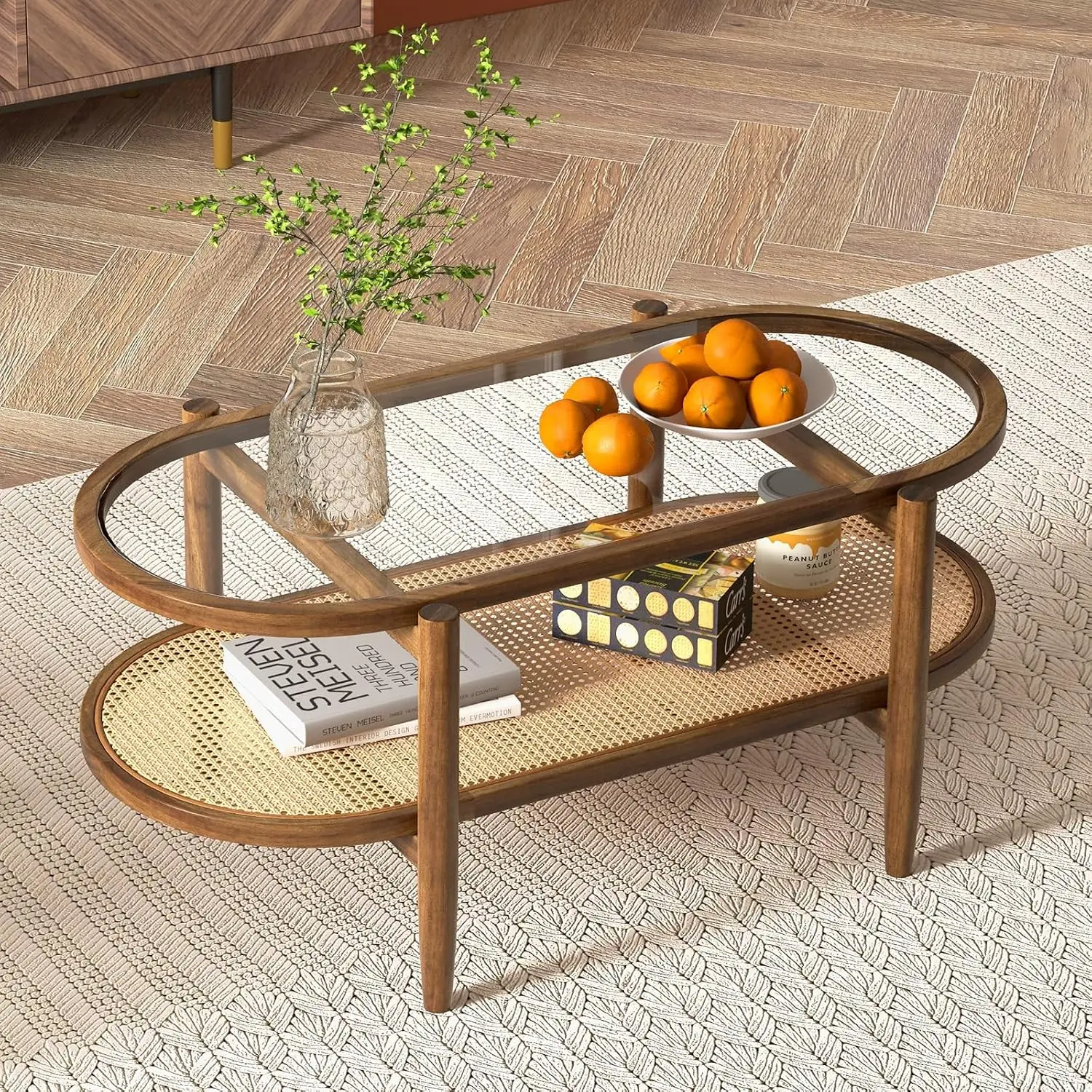 Rattan Coffee Table, 2-Tier Oval Acacia Wood Tea Table w/Tempered Glass Tabletop & PE Rattan Storage Shelf, Boho Cocktail Tables