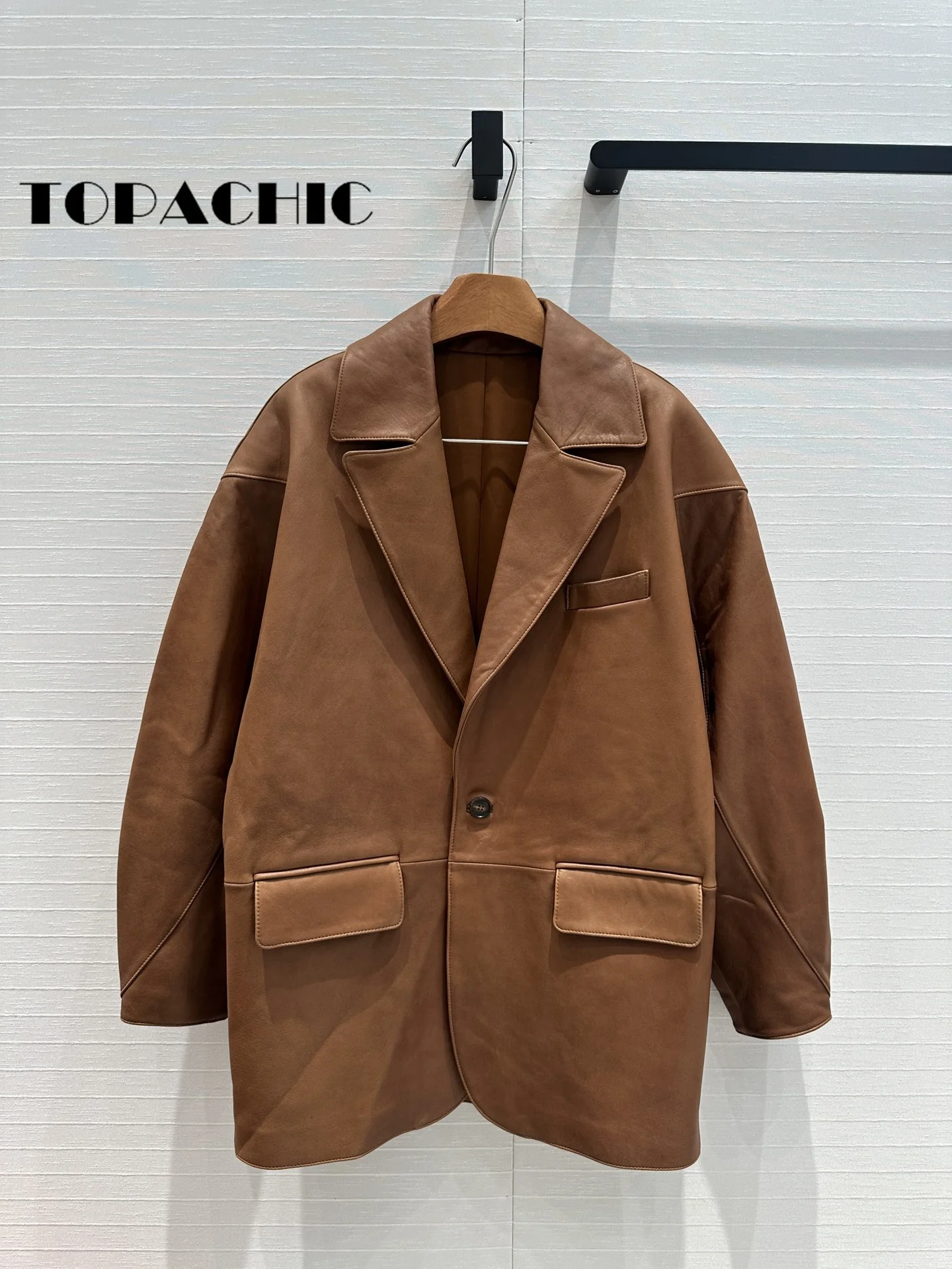 7.13 TOPACHIC Women Vintage Sheepskin Brown Blazer Single Button Spliced Long Sleeve Loose Genuine Leather Mid-Leng Jacket