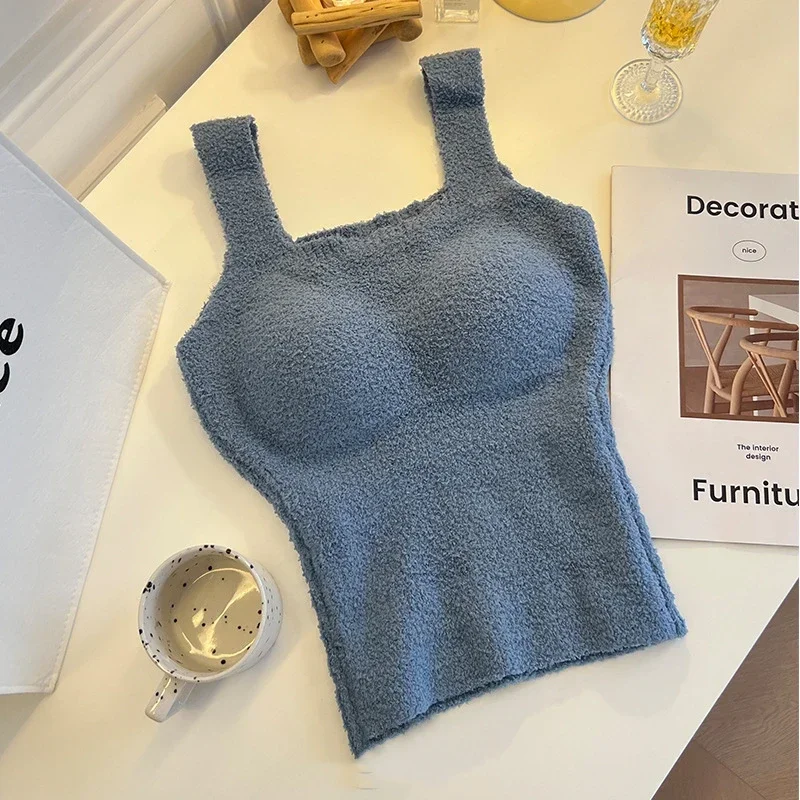 Solid Color Slim Fashion Soft Autumn Winter Women Undershirt Warm Vest with Bra Lambswool Thermal Underwear Bottoming Clothing