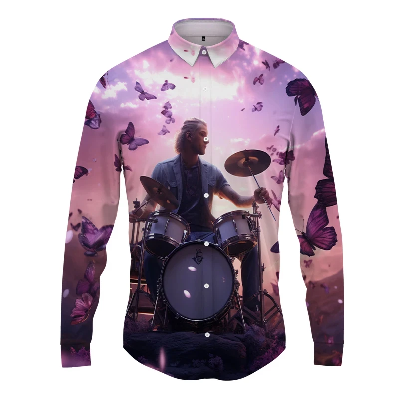 Chemises décontractées à manches longues pour hommes, chemises imprimées en 3D Playing Drums, chemises à la mode de la rue, chemises de fête de sport, haut le plus récent