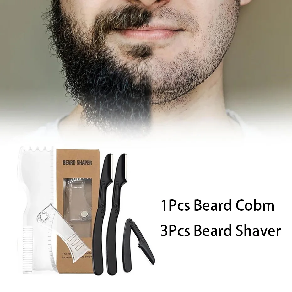 Adjustable Beard Shaper Comb Kit, Razors, Complete Shaping, Styling Tool, Stencil, Guide Template, Barber, 3Pcs