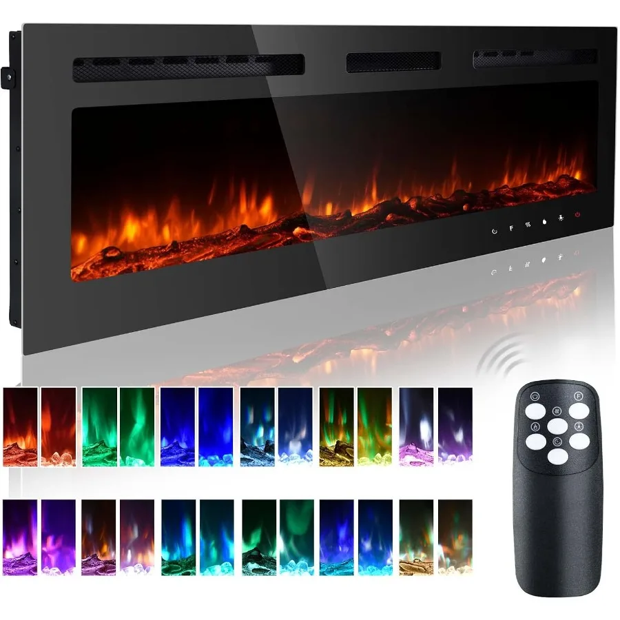 Insertos para chimenea eléctrica de 50 pulgadas para sala de estar chimenea lineal silenciosa montada en la pared con diseño empotrado efecto llama LED wi