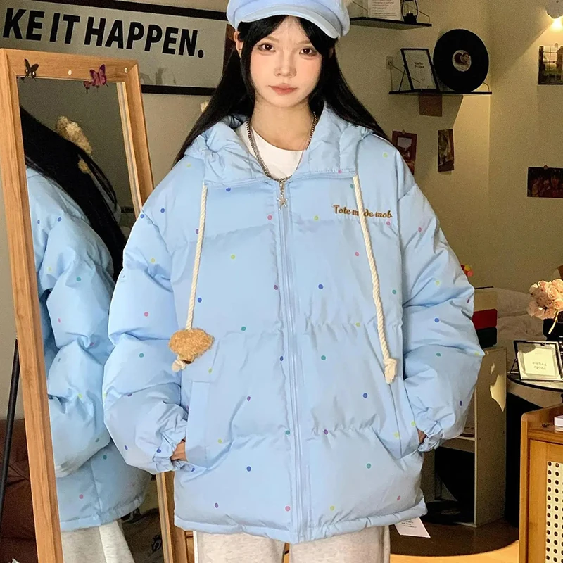 Cute Polka Dot Women Padded Jacket Korean Hooded Zip Up Puffer Coat Sweet Cute Bear Charm Loose Winter Outerwear Top