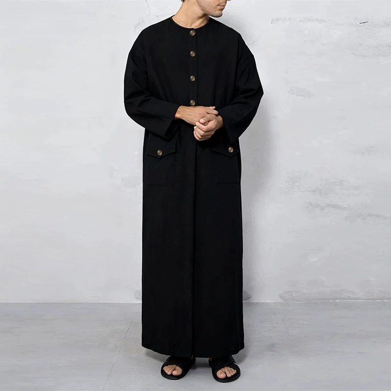 Men's Solid Color Muslim Robes Long Sleeve Premium Cotton Pockets Robe Casual Daily Arab Kaftan Dubai Islamic Clothing 2026 New