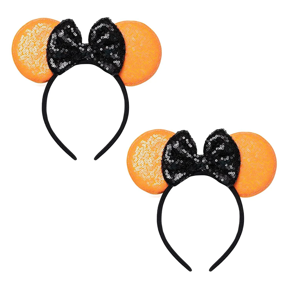 Diadema con orejas de ratón para mujer y niña, accesorio para el cabello con lentejuelas de Halloween, color naranja y negro