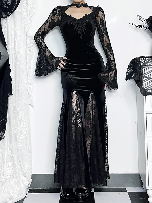 فستان دانتيل داكن بأكمام جرس وذيل سمكة، زي ملكة للحفلات والمسرح، تنورة ذيل سمكة ملفوفة للهالوين، رقبة على شكل V مع سحاب