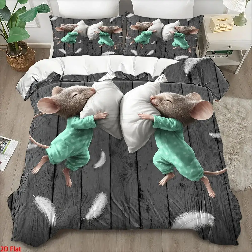 3Pc Cartoon Cute Mouse Print Quilt Cover Set, Bedding Three-Piece Set (1*Quilt Cover + 2*Pillowcases), Nordic Style Skin-Friendly Breathable Bedding, Modern Minimalist Double Bed Bedding, Soft and Comfortable for All Seasons, Invisible Zipper Easy to Clean and Durable, Wrinkle-Resistant Machine Washable, Cozy Home Bedroom Decoration, Suitable for Student Dormitory Master Bedroom Guest Room, Light Luxury Style Quilted Bedding Set, Large Double Bed Cover Set 2D Flat