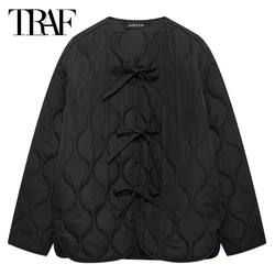 TRAF Black Long Jacket Outerwears 2024 Women's Autumn Winter Butterfly Lace-Up Coats Ladies Fashion Casual Long Sleeve Jackets