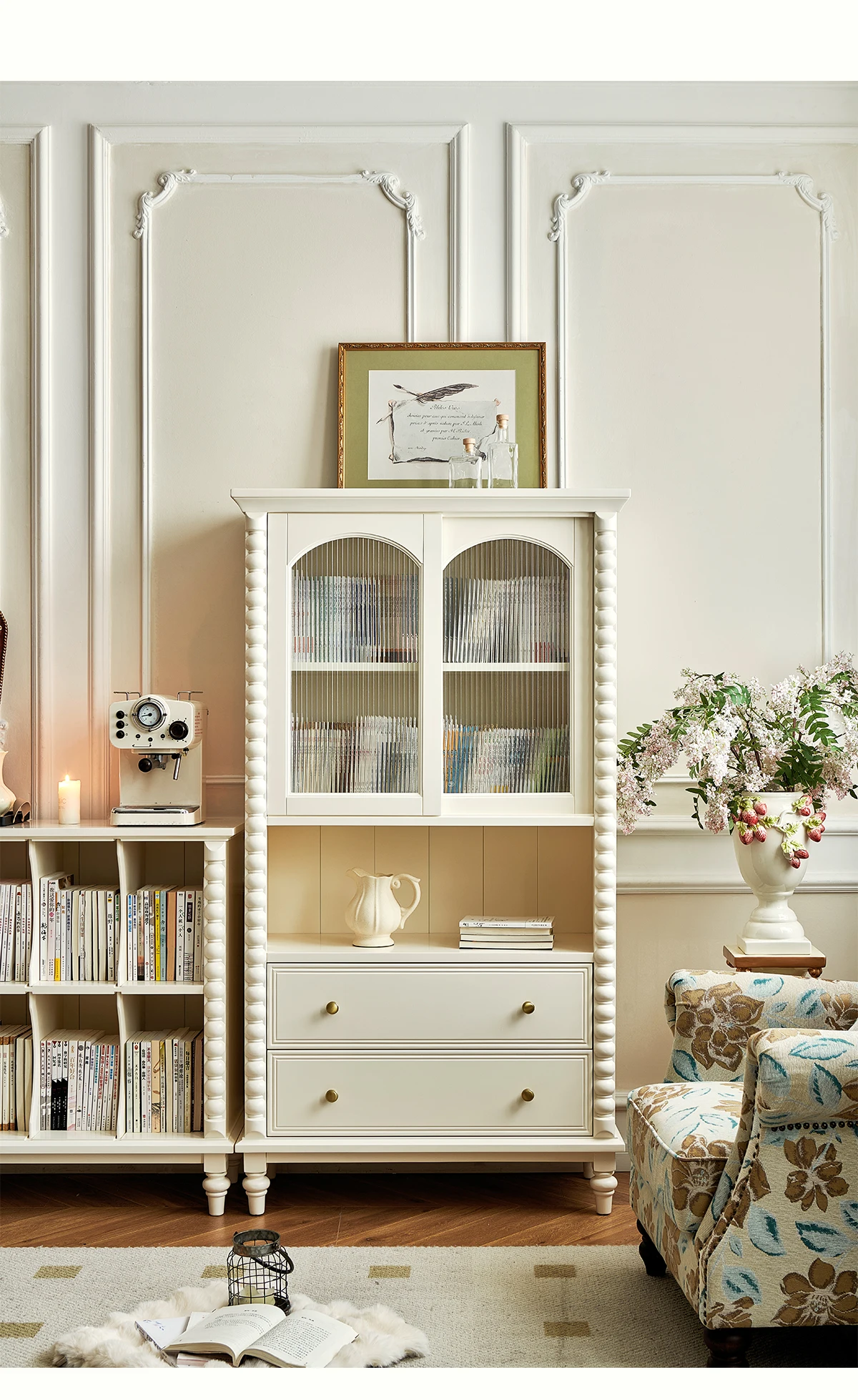 White cream wind solid wood bookcase light French living room wall cabinet  - AliExpress, image size:1200x1957