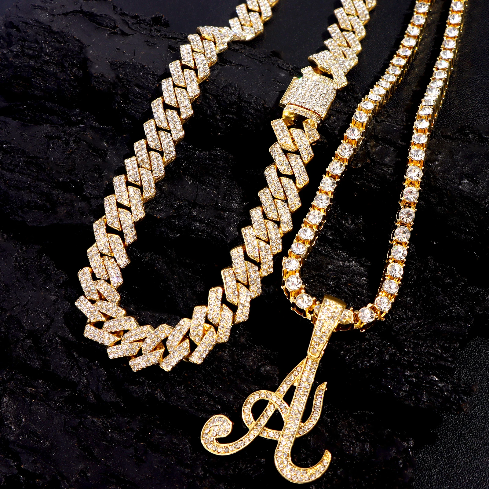 Iced Out Prong Cuban Chain Choker Necklace Bling Crystal Cursive Initial Tennis Chain Letters Pendant Necklaces Birthday Jewelry