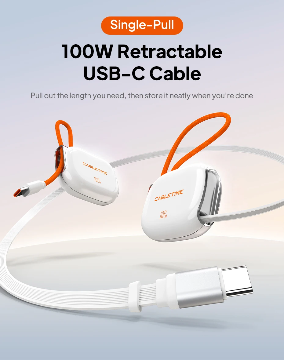 CABLETIME 100W USB-C zu USB-C Kabel Einziehbares Kabel PD-Kabel Schnellladung für iPhone 17 Samsung HUAWEI Reisekabel – Detail 1