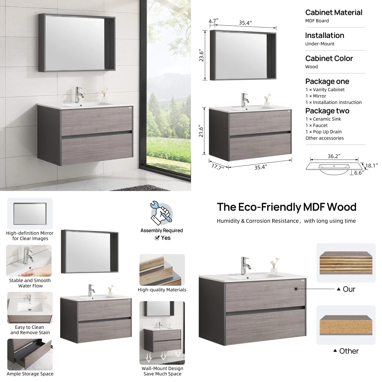 

36" Wall Mounted Bathroom Vanity Set 2-Drawer Storage Cabinet Ceramic Vessel Sink Mirror Combo Chrome Faucet, Customized
