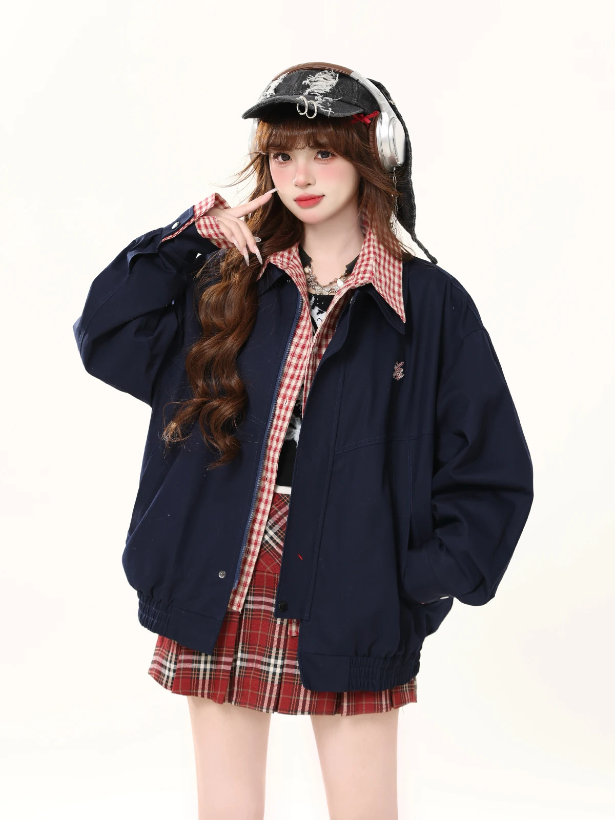 

ENJOG ретро клетчатый джинсовый джинсовый джинсовый джинт из двух предметов женский осенний милый крутой свободный дизайн повседневное пальто для поездок на работу Sle