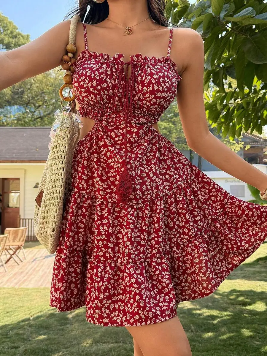 

Women Ditsy Floral Tie Front Camisole Mini Dress Summer Vacation Casual