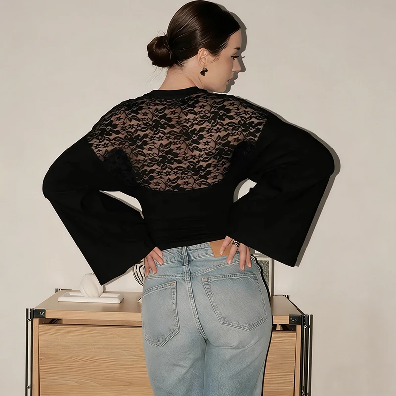 

Typhaland Fashion Backless Lace T shirt For Women Slim Pullover Long Sleeve Top Sexy Hollow Hot Girl Club Party Casual T shirt