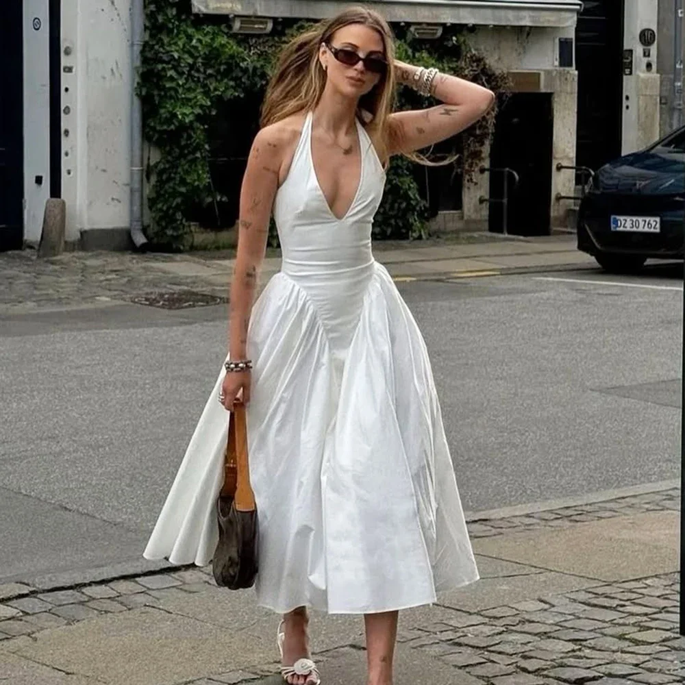 

Backless Deep V Spliced Long Dress Summer Women's Sexy Party Dress Halter New Fashion Slim White Sleeveless Long Dress