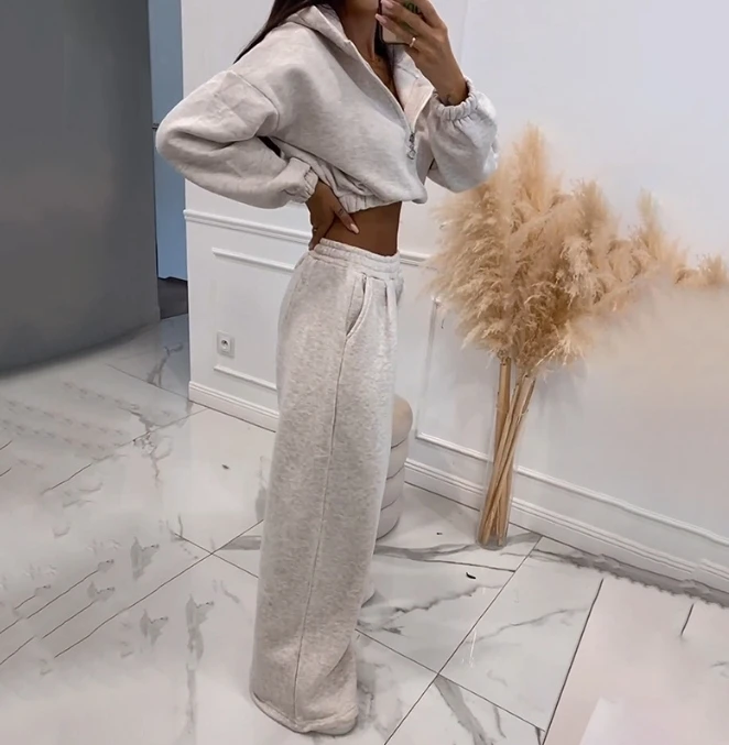 Womens Two Piece Sets Outfit Solid Color Long Sleeved Short Top and Pants Loose Set 2023 Autumn Winter Spring New Fashion Casual