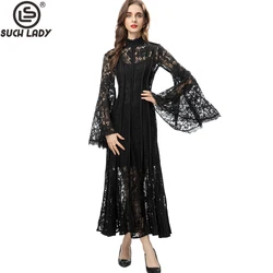 Women's Runway Dresses Stand Collar Flare Long Sleeves Embroidery Elegant Fashion Party Prom Gown