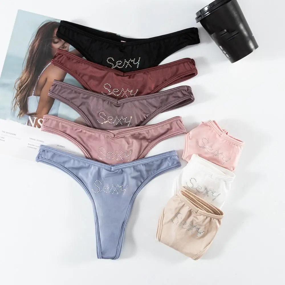 Crystal Ice Silk Silk Panties Underpants Cotton Crotch Rhinestone Letter Briefs Female Lingeries Low Waist